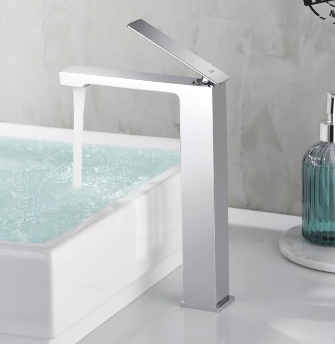 Grifo Monomando IMEX Alto para Lavabo sobre Encimera – Diseño Cuadrado Moderno 28 cm | Cartucho Cerámico 25 mm, Caño Recto Tipo Cascada, Acabado Cromado Brillante