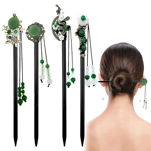 4 Pack Chinese Hair Stick for Buns Chinese Green Beads Flowers Hair Chopsticks Elegant Vintage...