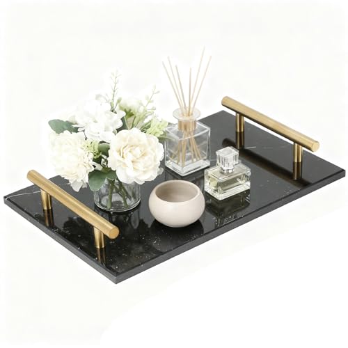 MAOPINER Marble Stone Decorative Perfume Tray with Copper Color Metal Handles, Handmade Jewellery Catchall Trinket Tray for Counter, Vanity, Dresser, Nightstand and Desk (Black)