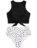 Remidoo Women Swimsuit Tie Knot Front Crop Top High Waist Bikini Set 2 Piece Bathing Suits (XL, B-Black)