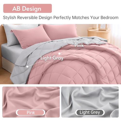 Twin Comforter Set 5 Pieces, Reversible Bed in a Bag, Pink/Light Grey - image 3