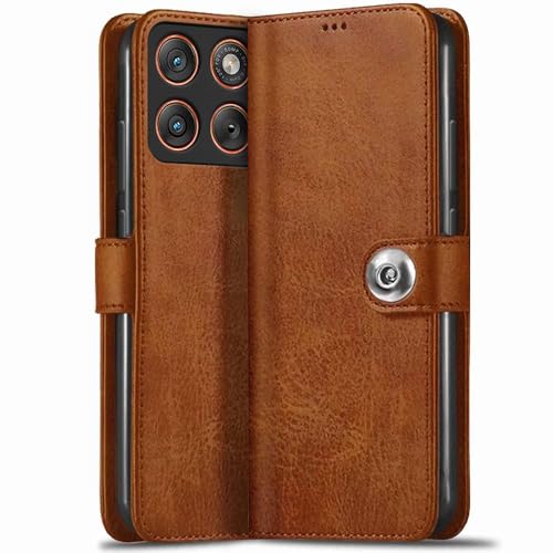 Image of TheGiftKart Flip Cover Back Case for Motorola Moto Edge 70 5G | Genuine Leather Finish | Designer Button | Inbuilt Pockets & Stand | Wallet Style Flip Case Cover for Moto Edge 70 (Faux Leather, Brown)