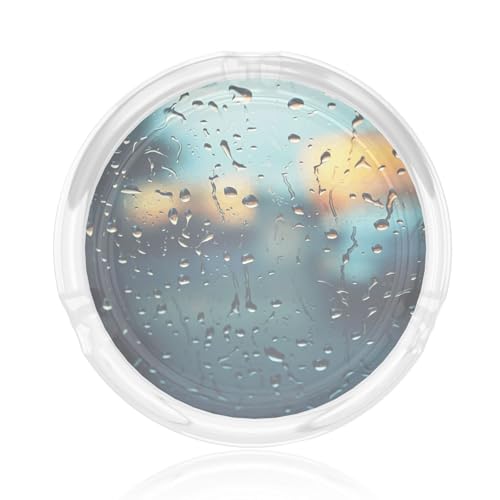Cendrier rond en verre imprimé gouttes de pluie sur verre pour bords bruts pour la maison, le bureau, la terrasse, la voiture, l'intérieur et l'extérieur