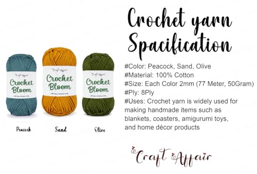 Image of Craft Affair | Crochet Bloom Cotton Yarn 8ply (Each Color 2mm, 77Meter, 50Gram) 100% Pure Cotton | for Knitting Yarn | Craft & DIY Project: Peacock, Sand, Olive