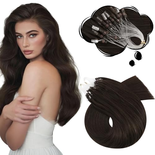 Image of Moresoo Microlink Hair Extensions Human Hair, Dark Brown, 14 Inch | 50g 50 strands, no heat no glue, micro loop extensions, natural brunette blend, fine hair, everyday office styling