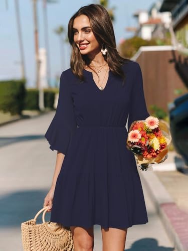 Image of Womens Spring Summer Mini Dress Western Ruffled Sleeve Chiffon V Neck Flowy A Line Short Wedding Guest Party Dresses