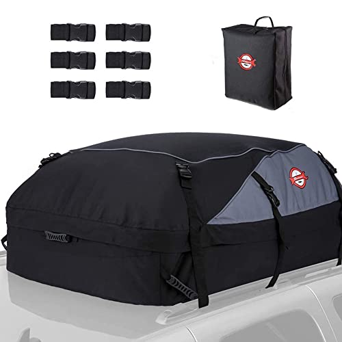 Car Roof Bag & Rooftop Cargo Carrier â€“ 15 Cubic Feet Heavy Duty Bag, Waterproof Excellent Military Quality Rooftop Car Bag - Fits All Cars with/Without Rack + 6 Reinforced Straps & Storage Bag