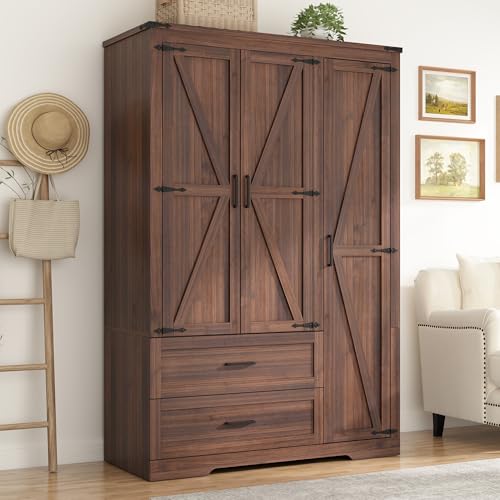 St.Mandyu Farmhouse Wardrobe Armoire Closet with 3 Doors and 2 Drawers, 70.1' Wooden Clothing...