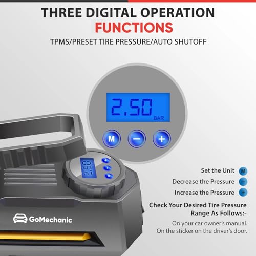 Image of GoMechanic Digital Tyre Inflator for Car - 150 psi, 12V DC Portable Air Pump /Compressor with Digital Tyre Pressure Gauge, Suitable for Bikes, Bicycles or Any Inflatable With LED Light (Gusto T2)