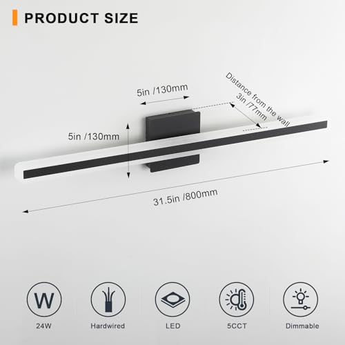 Image of 31.5 Inch 5 Color Adjustable Vanity Lights Over Mirror Vanity Lighting Fixtures for Bath Matt Black Bathroom Light Fixtures Over Mirror Black Led Modern Light Bar 5CCT
