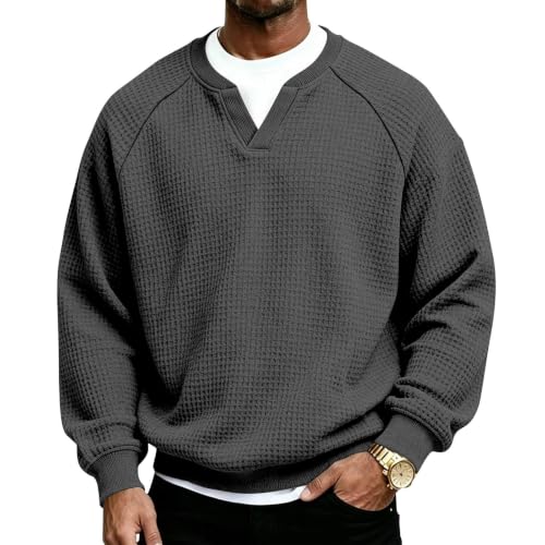 Mens waffle Knit Long Sleeve Shirt Textured V-Neck Shirts Sweatshirt Grey - image 2