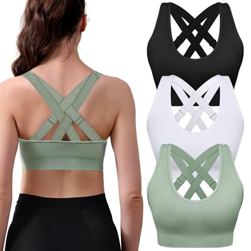 Image of Double Couple 3 Pack Sports Bras for Women Medium Support Adjustable Padded Crossback Sports Bra for Yoga Gym