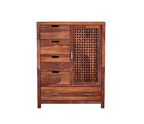 Image of Solid Sheesham Wood 5-Drawer Wooden Chest of Drawers with 2-Shelf Storage - Elegant and Spacious Dresser for Your Home (Honey Finish)