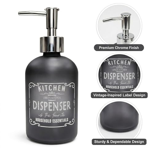 Image of Luxe Home International Kitchen Dispenser Print Glass Soap Dispenser for Bathroom and Kitchen Sink Leak Proof Liquid Hand Wash Round Bottle Lightweight Smooth Finish (19.5x7.5 cm Black) Pack of 1
