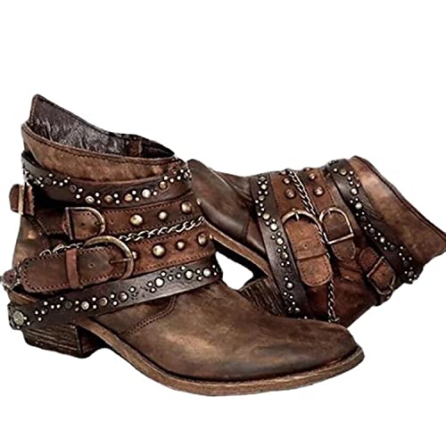 Women Vintage Western Cowboy Boots Chunky Low Heel Cowgirl Ankle Booties Motorcycle Leather Bootie Shoes