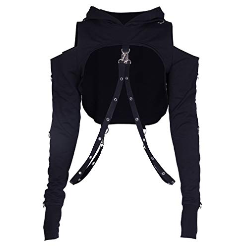 Femme Sweat À Capuche Mode Chaîne Épissure Gothique Punk Hoodies Sexy Hors Épaule Crop Tops Manche Longue Chemisier Slim Fit Fermeture Éclair Tops Con Cordon de Serrage, Noir Rouge