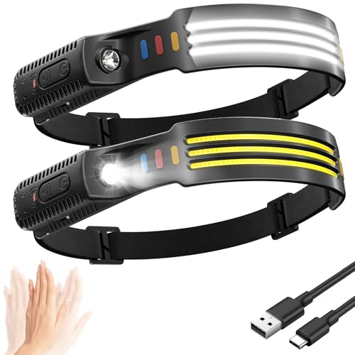 Stirnlampe LED Wiederaufladbar, 2-Stück 3000 Lumens Superhell 230°Weitwinkel 3*LED Weiß Licht Kopflampe, 6 Modi mit Sensor, 2000mAh Akku...