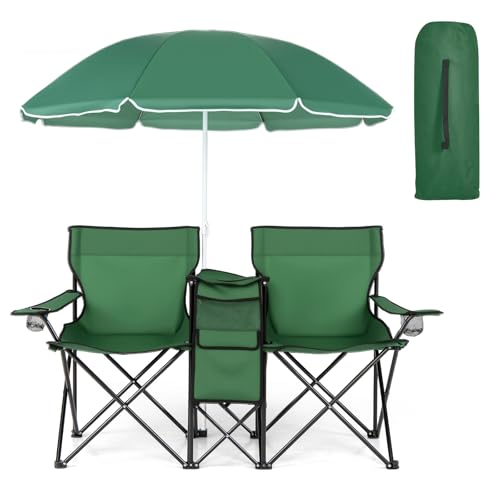 COSTWAY Double Portable Picnic Chairs, Folding Camping Chairs w/Detachable Umbrella, Cooler Bag, Cup Holders, Patio Beach Camping Chairs for Outdoors, Green