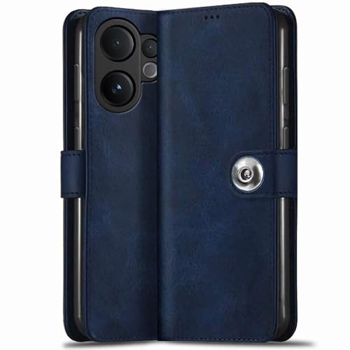 Image of TheGiftKart Genuine Leather Finish Flip Back Cover Case for Vivo V60 5G / V60e 5G / Vivo T4 Pro 5G | Inbuilt Pockets & Stand | Wallet Style | Designer Button Magnet Flip Cover (Faux Leather, Blue)
