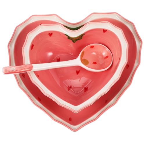 WEKADRIN ハート型イチゴ柄耐摩耗サラダボウル 食器用再利用可能テーブルウェアおしゃれなサービングプレートとスプーン付き家用サラダア