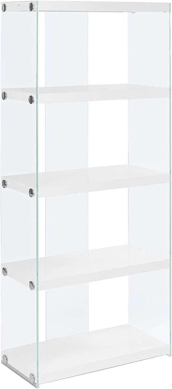 Scranton & Co Modern 60" Bookcase, Glossy White Finish, Tempered Glass Sides, Polished Chrome Accents, 5 Open Shelves, Spacious Vertical Display for Home or Office