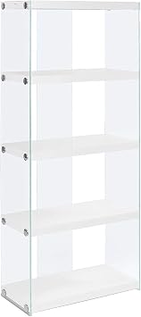 BOWERY HILL Modern Glass 4 Shelf Bookcase, Glossy White Finish, 24 in L x 12 in D x 59 in H, Sleek Contemporary Design for Living Room or Home Office