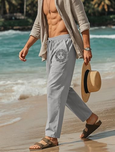 Image of Puimentiua Cotton Linen Pants Men, Summer Beach Pants Loose Fit with Elastic Waist Drawstring