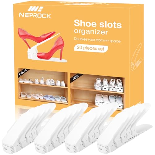Neprock Shoe Slots Organizer, 20 Pack Adjustable Shoe Rack Stacker Storage Space Saver, Double Deck Shoe Rack Holder for Closet Organization (White)