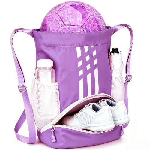 Image of Soccer Bag, Youth Soccer Basketball Bag with Compartments Drawstring Backpack for Football Volleyball Gym Training (Purple)