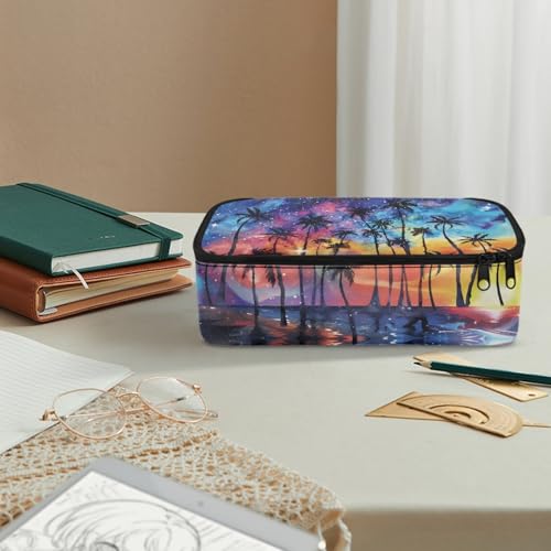 Image of Starry Beach Kids Large Pencil Pouch for Boys Girls Tropical Pencil Case with Metal Zipper Children Pencil Box for Adults Women Men Coin Purse Makeup Bag for Office Supplies