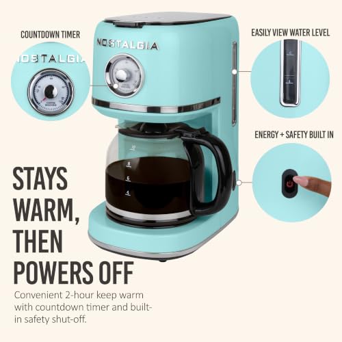 Image of Nostalgia Classic Retro 10 Cup Coffee Maker - One-Touch Drip Brew, Reusable Filter - Anti-Drip, Auto Shutoff, & Time Display - Dishwasher Safe 50 oz Carafe - Aqua