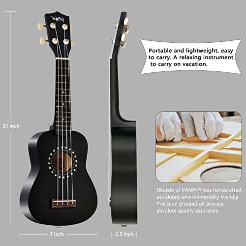 Vanphy Soprano Ukulele For Beginner Kids With Gig Bag,21 Inch Uke For Starter, Hawaiian Soprano Ukalalee Polishing Adults, Basswood 21 Inch Uke Bundle With Strap Picks Songbook Cleaning Cloth (Black) #TOP5