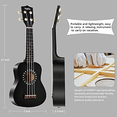 Soprano Ukulele for Beginner with Gig Bag 21 Inch Uke for Starter Hawaiian Soprano Ukalalee Polishing Adults Basswood 21 Inch Uke Bundle with Strap Picks Songbook Cleaning Cloth (Black)