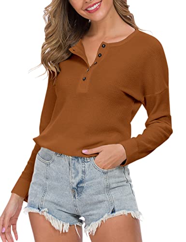 Image of MOLERANI Womens Long Sleeve Waffle Knit Henley Shirts Tunic Tops