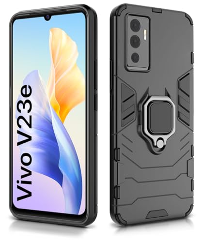 Image of WOW IMAGINE Shock Proof Back Case Mobile Cover for Vivo V23E 5G | for Vivo Y75 4G (Tough Armor | Hybrid PC + TPU | Full Protection with Ring Holder & in-Built Kickstand | Black)