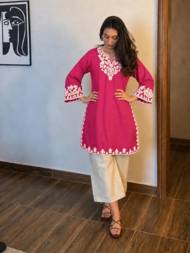 Image of ANNI Designer Co Ord Set for Women Cotton Embroidered | Straight Kurta Palazzo Set for Woman | Round Neck V Slit Full Sleeve Ethnic Dress Stylish Coord Outfit Womens Clothing