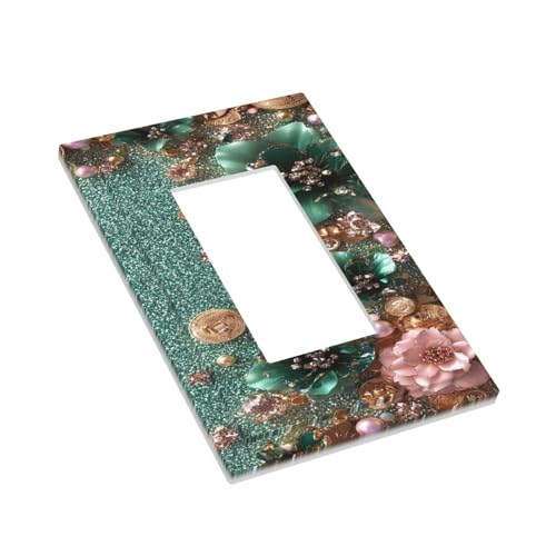 Decorative Outlet Covers Bling Green Rose Flowers Crystal Rhinestone Glitter 1 Gang Single Decora GFCI Device Light Switch Covers Plate 1 Rocker Wall Plate Jumbo Faceplate