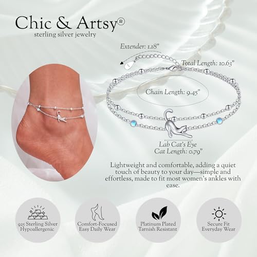Image of CHIC & ARTSY 925 Sterling Silver Ankle Bracelets for Women, Adjustable Layered Foot Chains with Nature & Symbol Charms, Lightweight Comfort Fit Boho Beach Everyday Jewelry