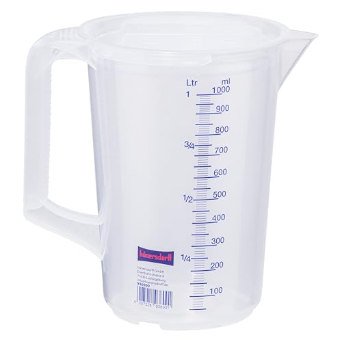 Hünersdorff Gobelet doseur 1L avec couvercle, incassable et résistant aux aliments polypropylène (PP), poignée fermée, 2 échelles, transparent
