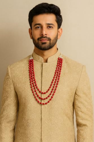 Image of I Jewels 3 Layered Traditional Gold Plated Dulha Green Moti Mala with Beaded Maharaja Haar /Groom Necklace For Men(MLP46)