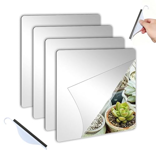 KUBDPQOR miroirs Autocollants muraux 15x15 cm – Lot de 4 miroirs en Plastique incassables avec grattoir de Nettoyage – Miroir décoratif adhésif pour Porte, Salle de Bain, Chambre, Dressing