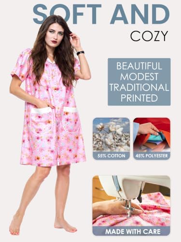 Image of Casual Nights Women's Snap - Front House Dress Short Sleeve Woven Housecoat Duster Lounger Robe with Pockets