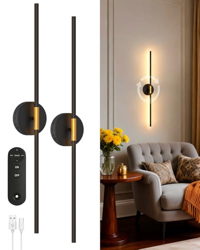 Akku Wandleuchte Innen - Lang 72cm 6500mAh Dimmbar Warmweiß Wandlampe - USB Aufladbare Wandleuchte Inne Ohne Stromanschluss mit Fernbedienung und Timer für Wohnzimmer Schlafzimmer [2 Stück Schwarz]