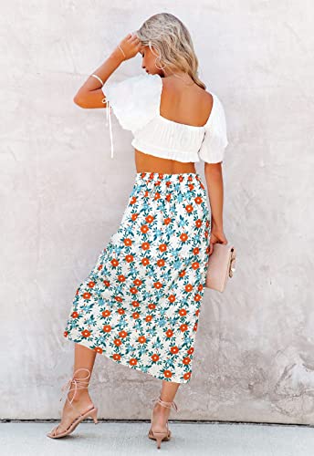 Image of HERBATOMIA Women's Floral Print Midi Skirt Casual High Elastic Waist Zipper Vintage Long Boho Skirts for Women