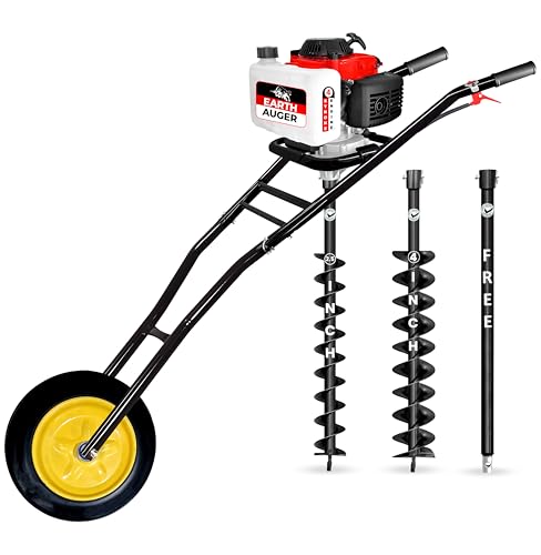 Image of DVI 142CC Trolley Earth Auger Machine, 4-Stroke Petrol Engine - with 2.5 Inch + 4 Inch Double Spiral Planter Bits & Free Extension Rod | for Plantation, Fencing & Post Hole Digging in All Soil Types.