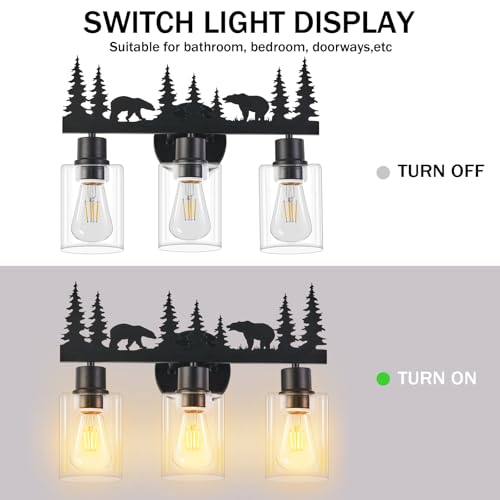 Image of Rustic Bathroom Light Fixtures, 3-Light Farmhouse Vanity Lamp with Bear Design and Clear Glass Shade, Black Wall Lighting for Bathroom, Hallway, Kitchen, Porch