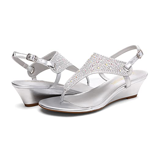 Image of DREAM PAIRS Women's Wedge Thong Sandals, Summer Rhinestone Dress Shoes for Wedding