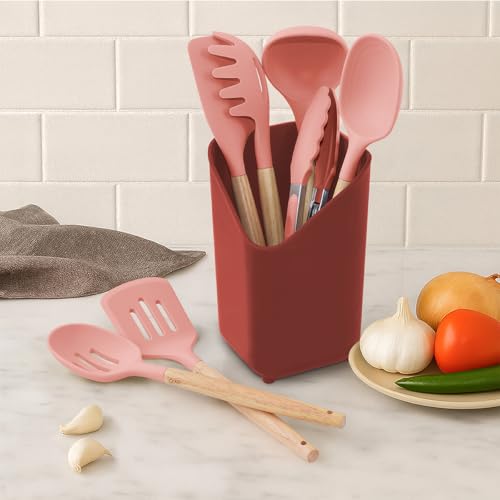 Glad Silicone Kitchen Utensils Set, 8pcs - Nonstick Cooking Tools with Wooden Handles and Utensil Holder - Spatula Set with Turner, Ladle, Spoons, Tongs, and Spaghetti Server - Rust - image 2