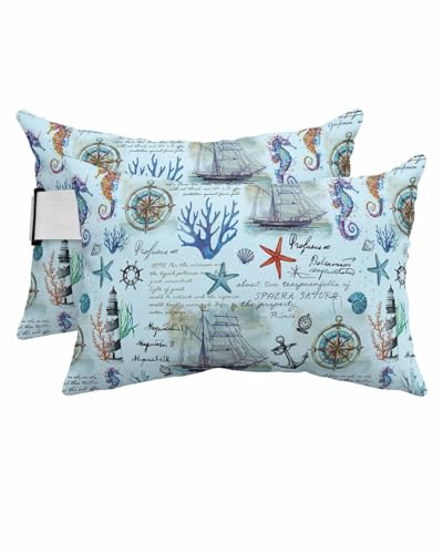 Anzona Pack of 4 Coastal Nautical Lumbar Pillow Covers, Outdoor Waterproof Throw Pillow Covers Set, Blue Summer Beach Anchor Ocean Coral Decorative Cushion Case for Patio Beach, 11x16 Inch