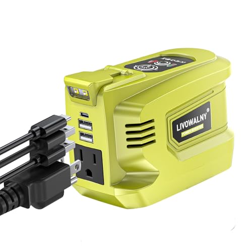LIVOWALNY 200W Power Inverter Compatible with Ryobi 18V Battery, DC 18V to AC 110-120V Power Station with 1 AC Outlet, 2 USB, 1 Type-C & LED Light, for Camping Power Outage (No Battery)